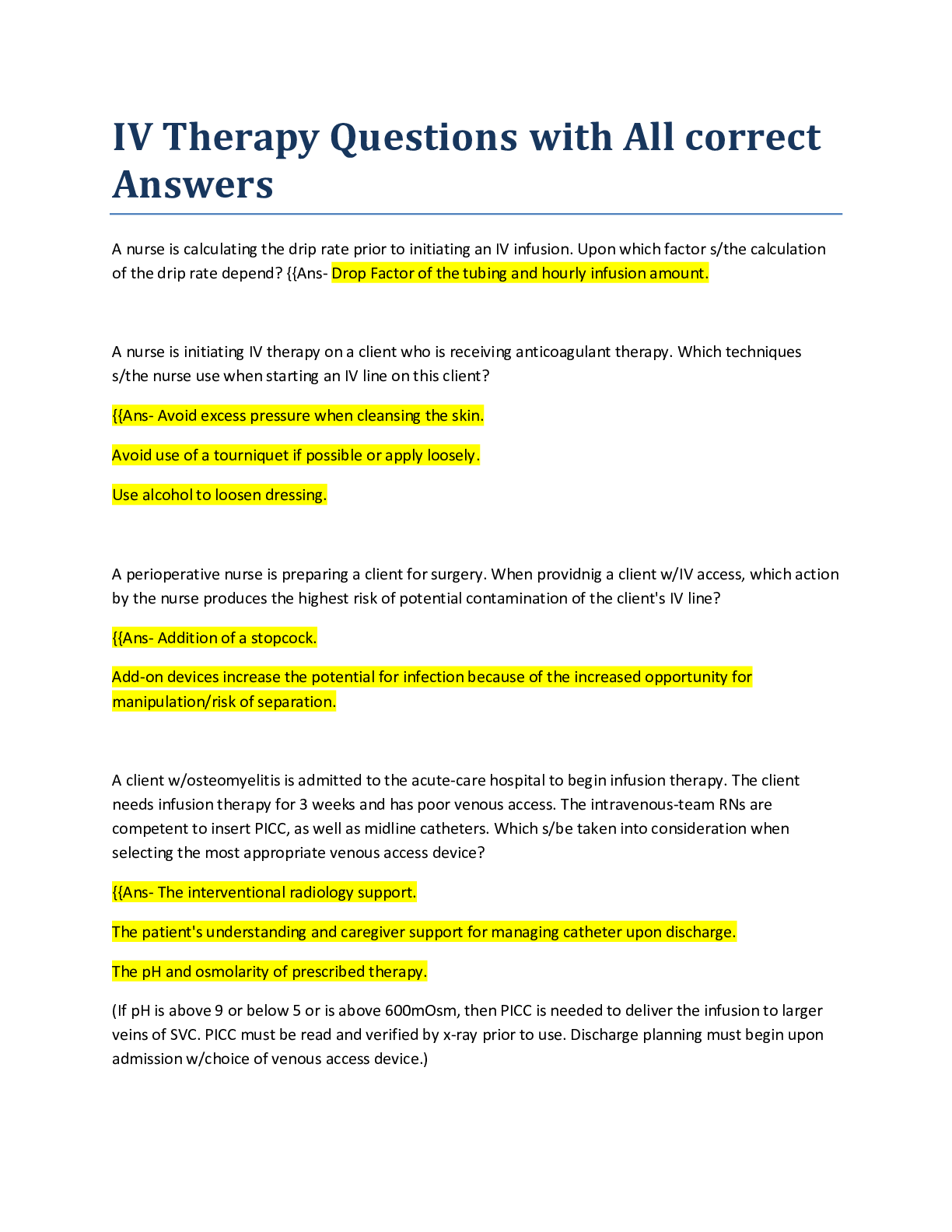 IV Therapy Questions with All correct Answers Browsegrades